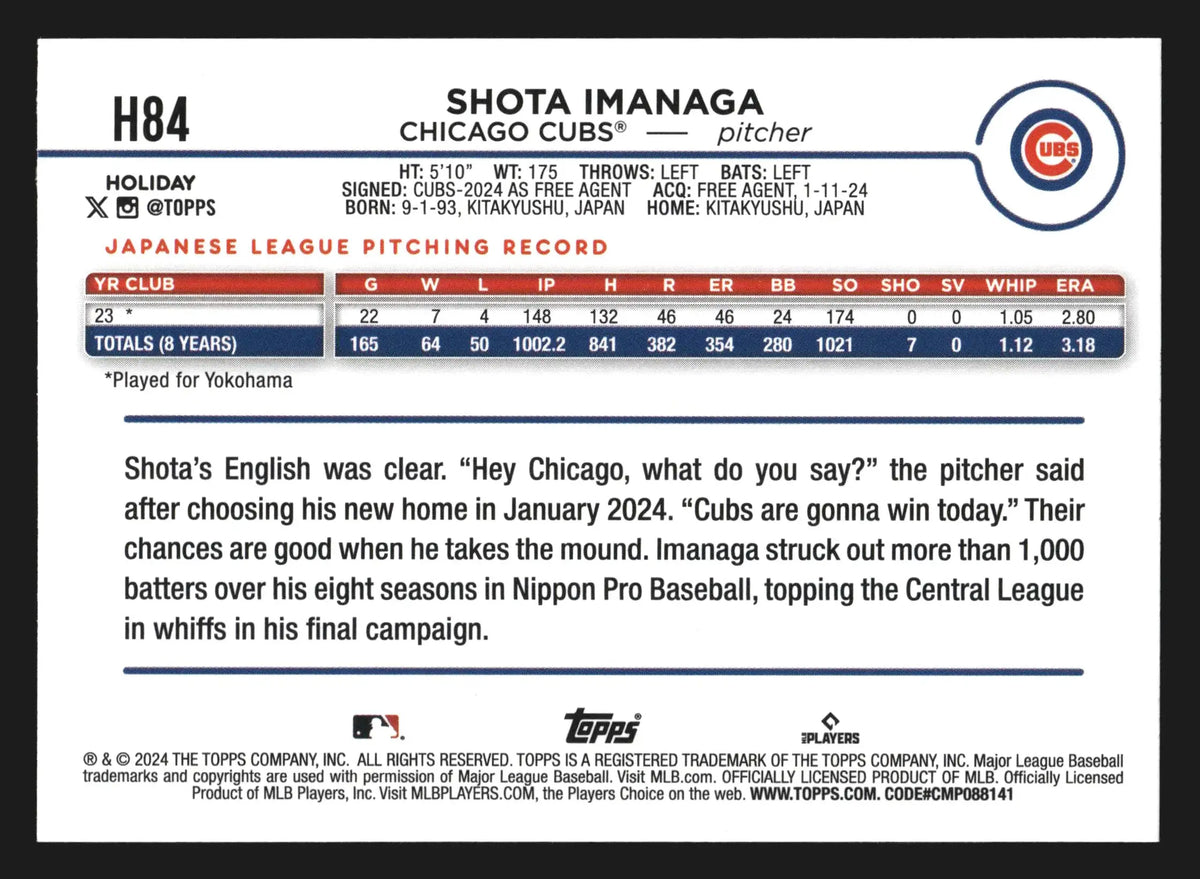2024 Topps Holiday Shota Imanaga #H84 RC Chicago Cubs - Baseball Card Single