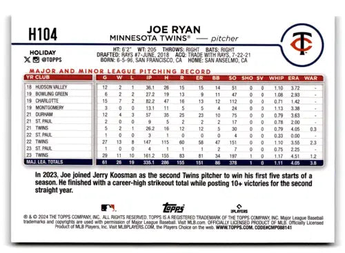 2024 Topps Holiday Silver Glitter #H104 Joe Ryan NM-MT Twins ID:75065 - Baseball Card Single