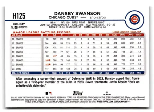 2024 Topps Holiday Silver Glitter Dansby Swanson baseball card front view