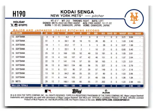Kodai Senga baseball card with original gloss in 2024 Topps Holiday Silver Glitter series
