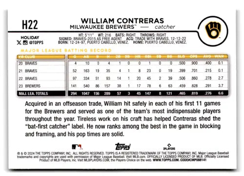2024 Topps Holiday Silver Glitter H22 William Contreras Brewers baseball card front