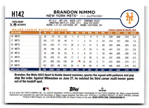 2024 Topps Holiday Holiday Tree #H142 Brandon Nimmo NM-MT Mets ID:75205 - Baseball Card Single