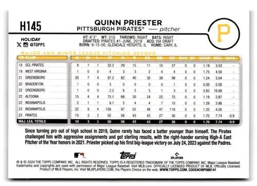 2024 Topps Holiday Holiday Tree #H145 Quinn Priester NM-MT RC Rookie Pi ID:77337 - Baseball Card Single