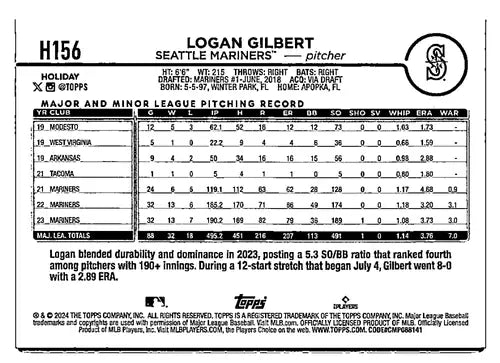 2024 Topps Holiday Holiday Tree #H156 Logan Gilbert NM-MT Mariners ID:77338 - Baseball Card Single