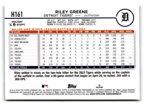 Original gloss 2024 Topps Holiday H161 Riley Greene baseball trading card image