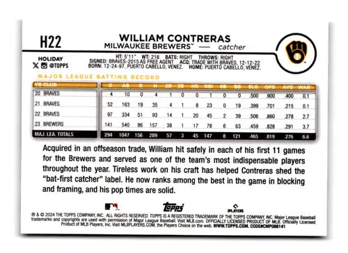 2024 Topps Holiday Holiday Tree #H22 William Contreras NM-MT Brewers ID:77333 - Baseball Card Single