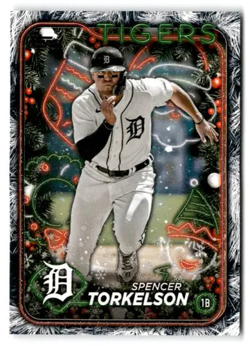 Original gloss 2024 Topps Holiday Spencer Torkelson trading card with festive neon holiday design