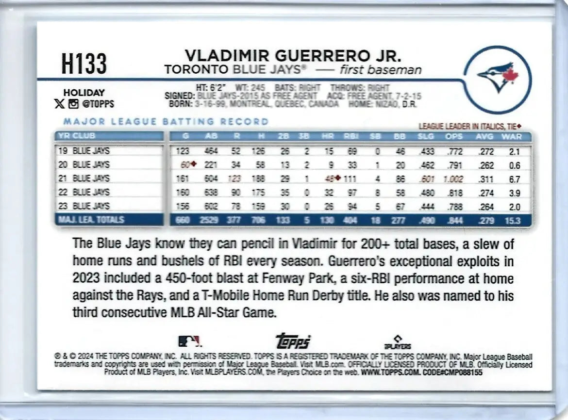 2024 Topps Holiday VLADIMIR GUERRERO JR. Variation Short Print #H133 j-66