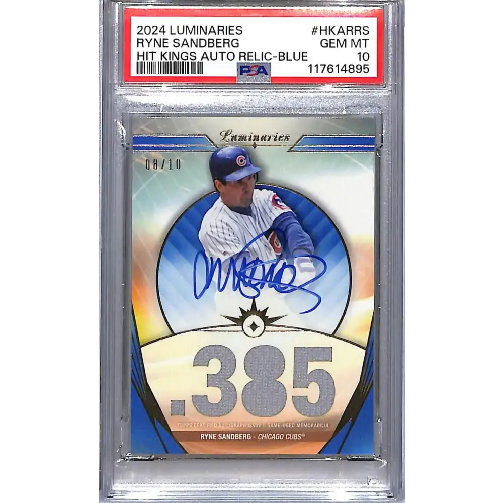 2024 Topps Luminaries Hit Kings Blue #HKAR-RS Ryne Sandberg PSA 10 GEM MINT MEM Auto 08/10 Chicago Cubs - Baseball Card