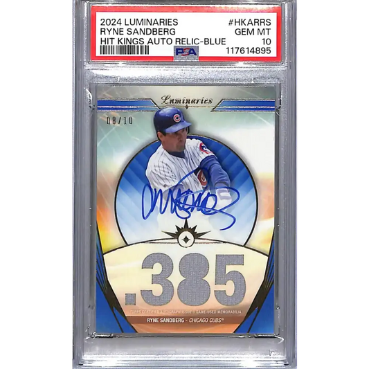 2024 Topps Luminaries Hit Kings Blue #HKAR-RS Ryne Sandberg PSA 10 GEM MINT MEM Auto 08/10 Chicago Cubs - Baseball Card