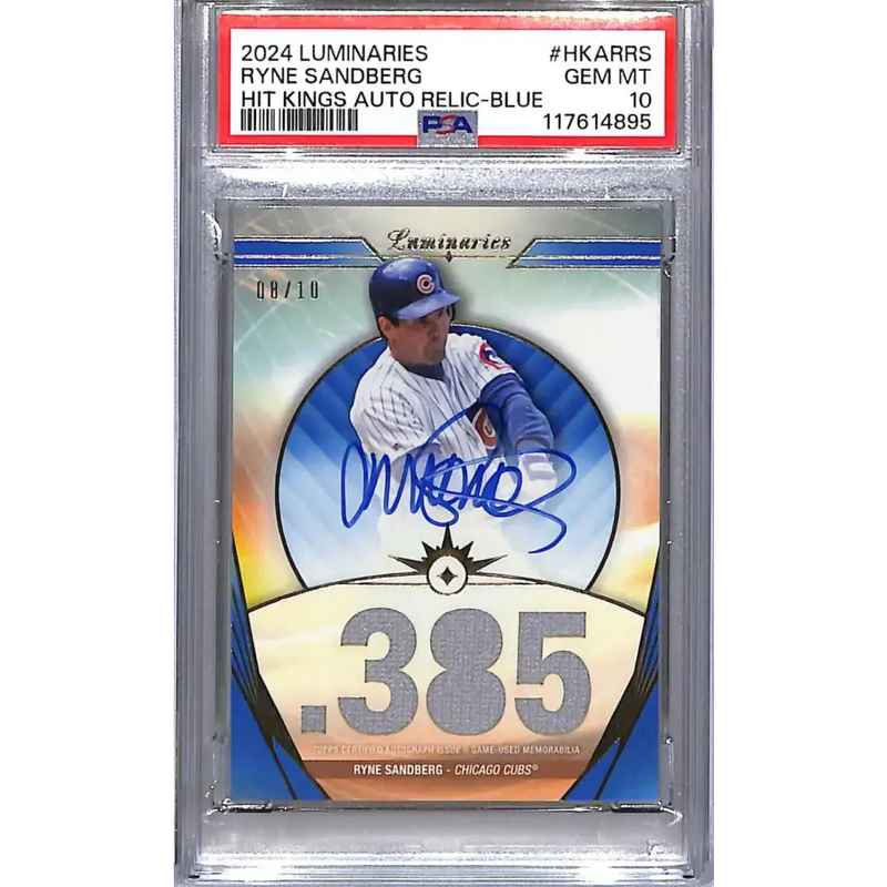 2024 Topps Luminaries Hit Kings Blue #HKAR-RS Ryne Sandberg PSA 10 GEM MINT MEM Auto 08/10 Chicago Cubs - Baseball Card