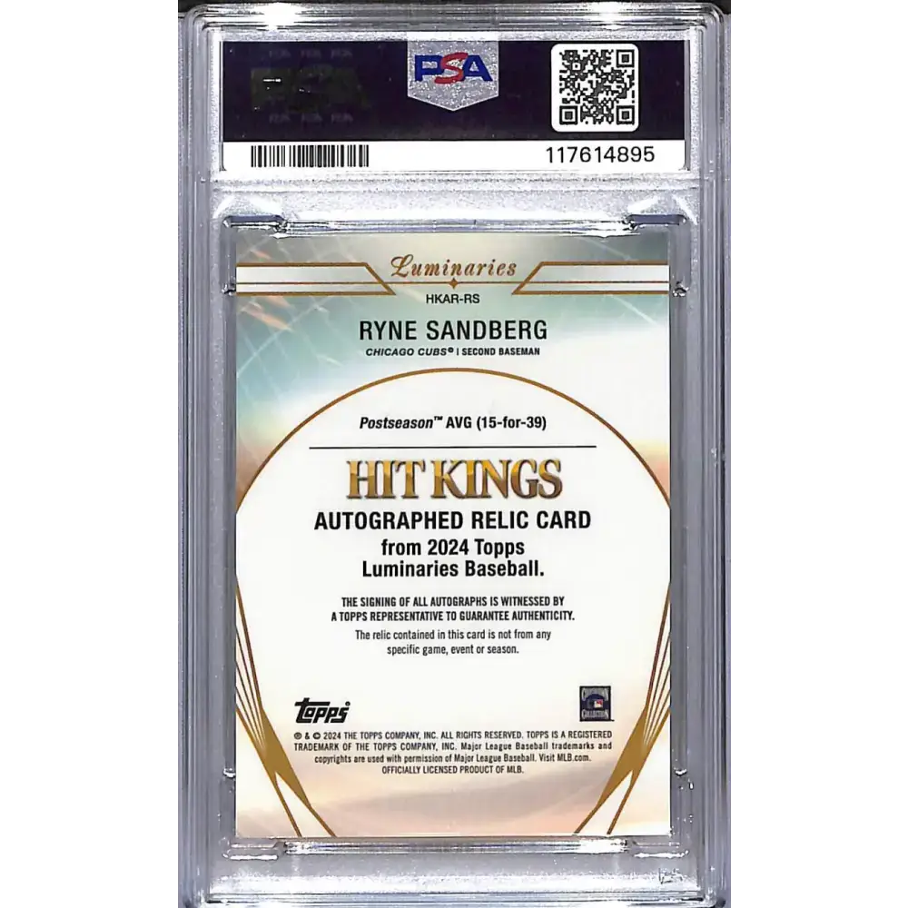 2024 Topps Luminaries Hit Kings Blue #HKAR-RS Ryne Sandberg PSA 10 GEM MINT MEM Auto 08/10 Chicago Cubs - Baseball Card