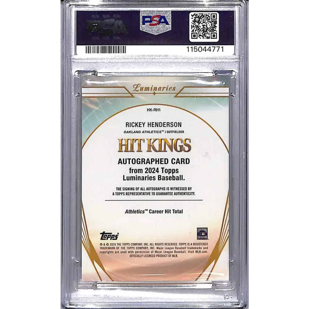 2024 Topps Luminaries Hit Kings #HK-RH1 Rickey Henderson PSA 10 GEM MINT Auto 05/25 Oakland Athletics - Baseball Card