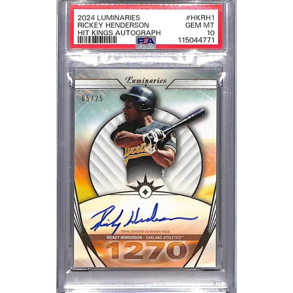 2024 Topps Luminaries Hit Kings #HK-RH1 Rickey Henderson PSA 10 GEM MINT Auto 05/25 Oakland Athletics - Baseball Card