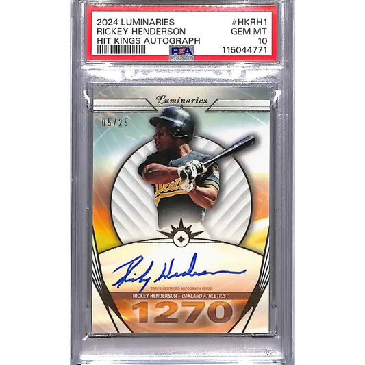 2024 Topps Luminaries Hit Kings #HK-RH1 Rickey Henderson PSA 10 GEM MINT Auto 05/25 Oakland Athletics - Baseball Card