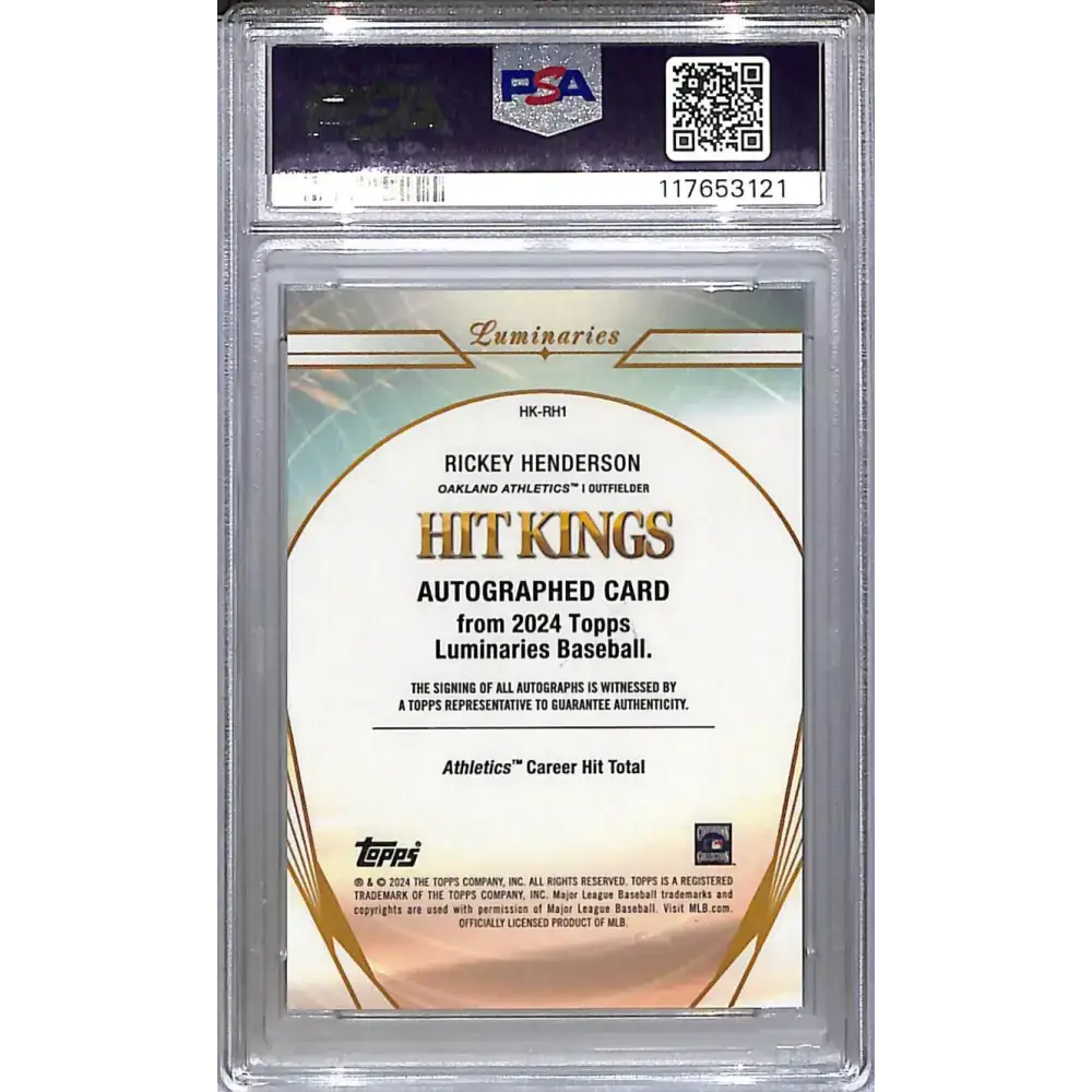2024 Topps Luminaries Hit Kings #HK-RH1 Rickey Henderson PSA 10 GEM MINT Auto 11/25 Oakland Athletics - Baseball Card