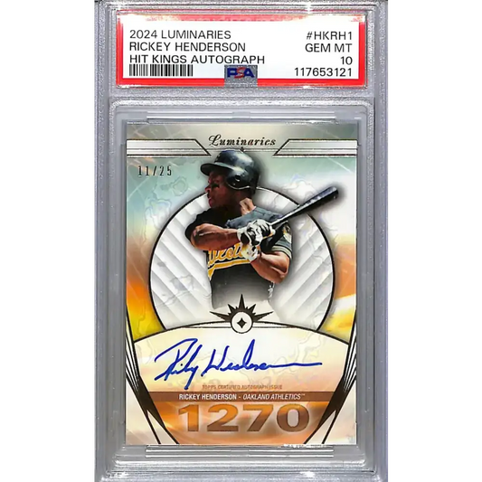 2024 Topps Luminaries Hit Kings #HK-RH1 Rickey Henderson PSA 10 GEM MINT Auto 11/25 Oakland Athletics - Baseball Card