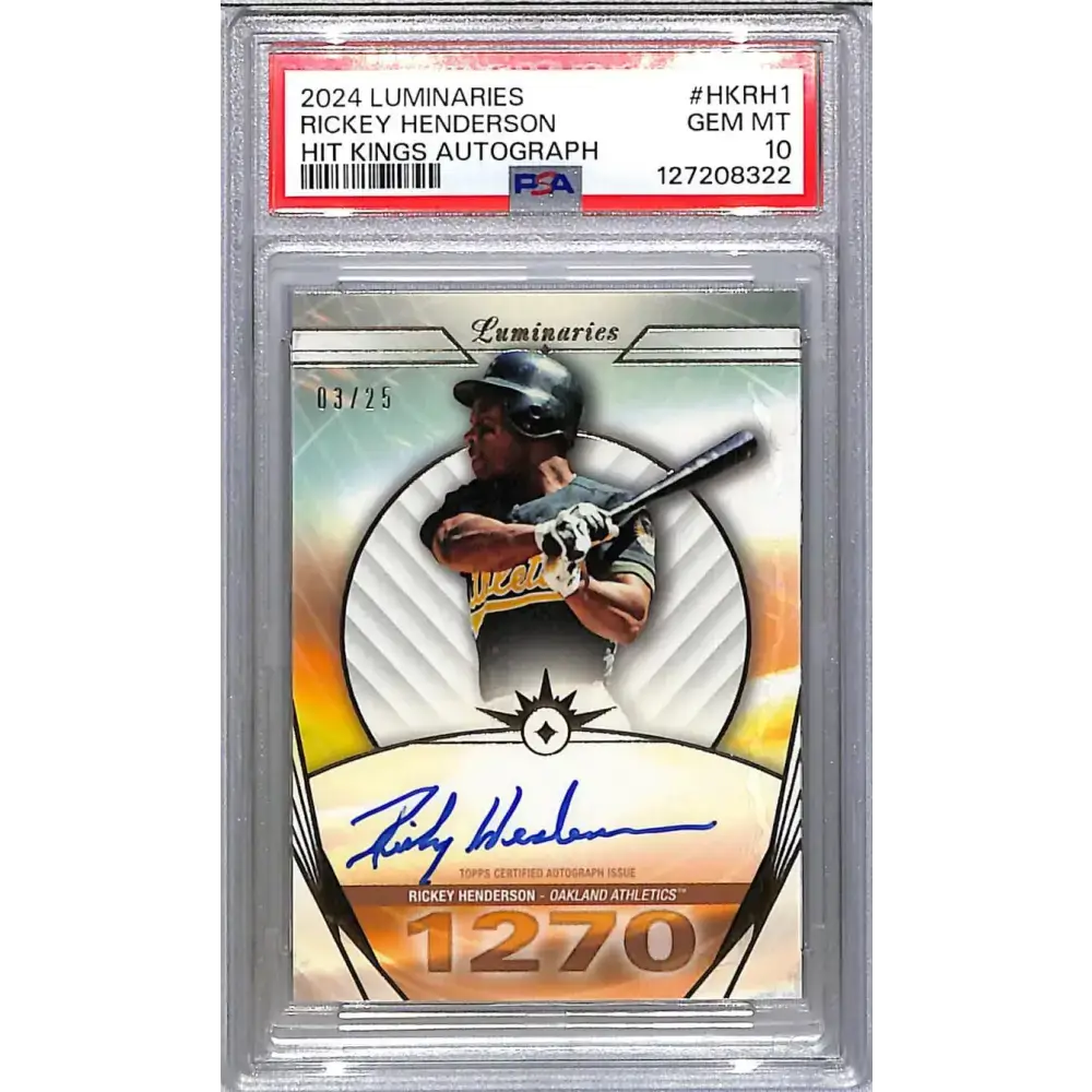 2024 Topps Luminaries Hit Kings #HK-RH1 Rickey Henderson PSA 10 GEM MINT Auto 3/25 Oakland Athletics - Baseball Card