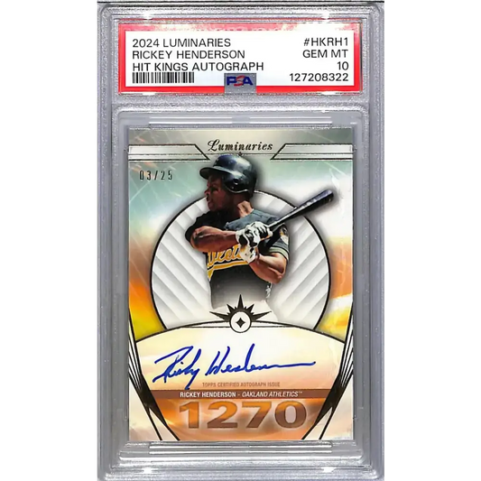 2024 Topps Luminaries Hit Kings #HK-RH1 Rickey Henderson PSA 10 GEM MINT Auto 3/25 Oakland Athletics - Baseball Card