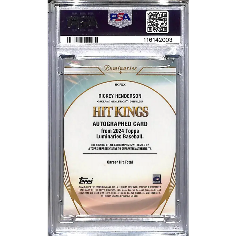 2024 Topps Luminaries Hit Kings #HK-RICK Rickey Henderson PSA 10 GEM MINT Auto 23/25 Oakland Athletics - Baseball Card