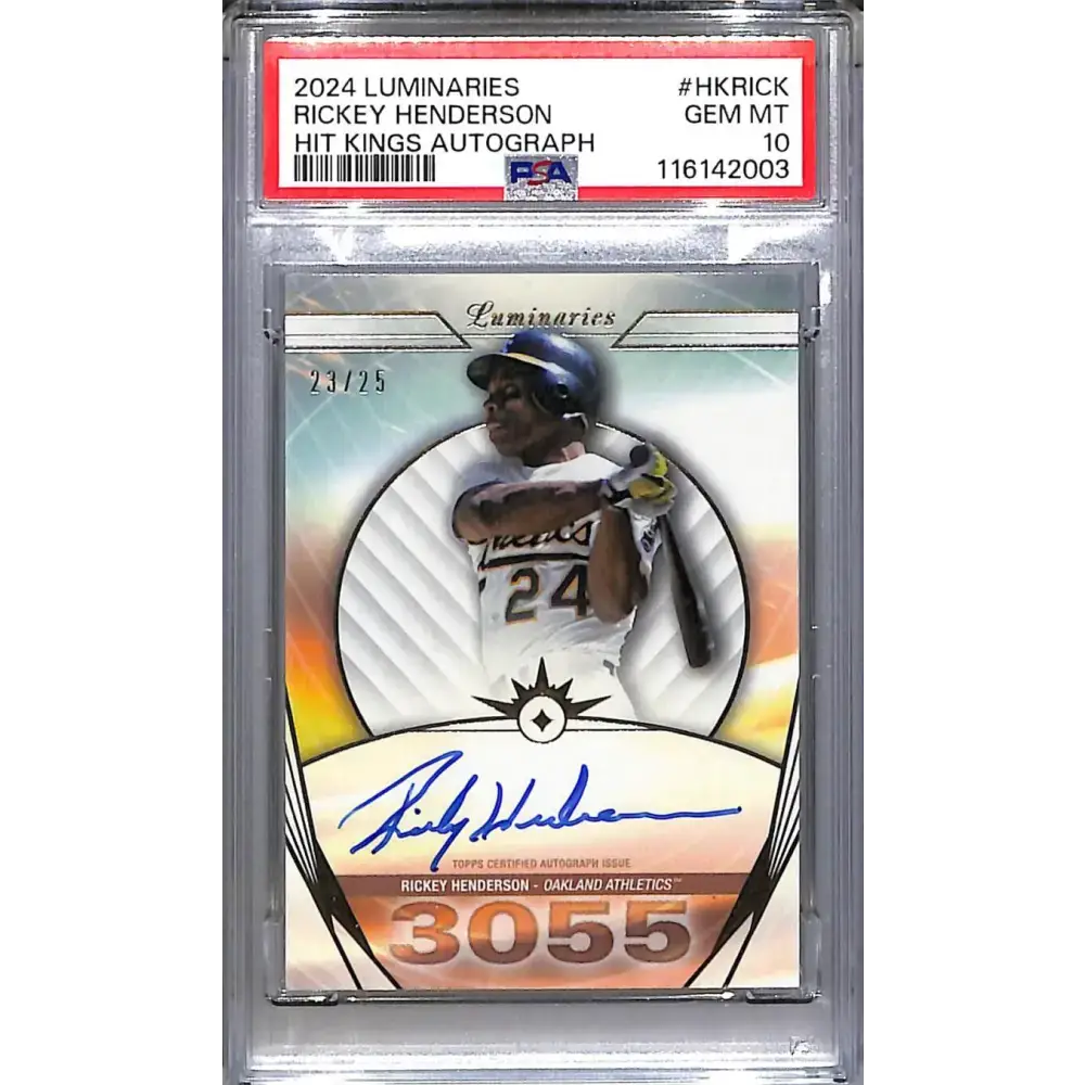 2024 Topps Luminaries Hit Kings #HK-RICK Rickey Henderson PSA 10 GEM MINT Auto 23/25 Oakland Athletics - Baseball Card