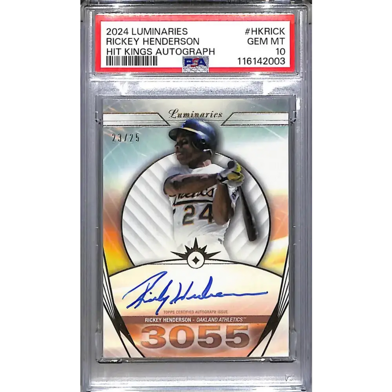 2024 Topps Luminaries Hit Kings #HK-RICK Rickey Henderson PSA 10 GEM MINT Auto 23/25 Oakland Athletics - Baseball Card