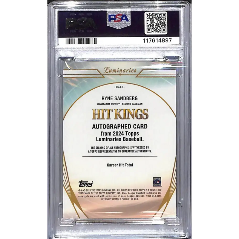 2024 Topps Luminaries Hit Kings #HK-RS Ryne Sandberg PSA 10 GEM MINT Auto 07/25 Chicago Cubs - Baseball Card Single