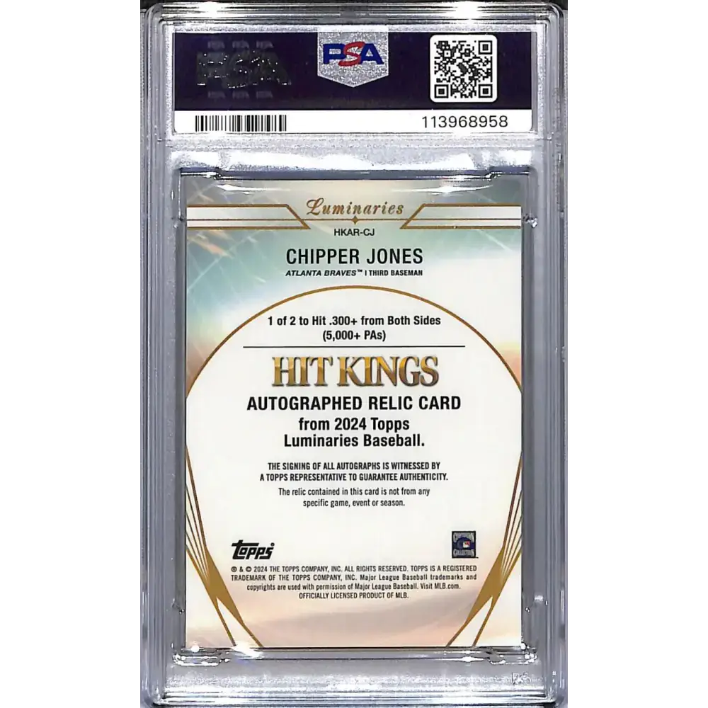 2024 Topps Luminaries Hit Kings #HKAR-CJ Chipper Jones PSA 10 GEM MINT MEM Auto 14/15 Atlanta Braves - Baseball Card