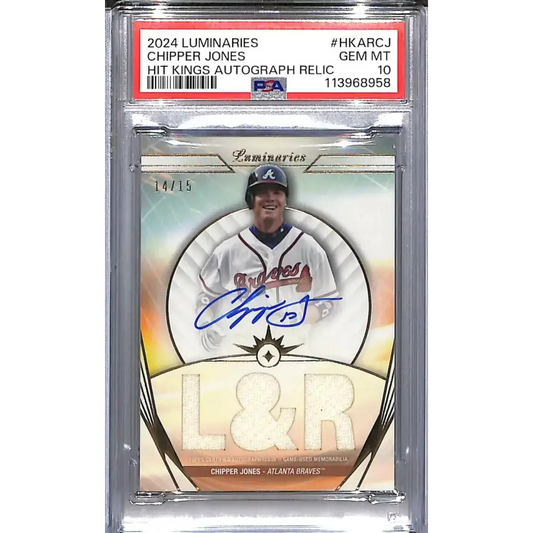 2024 Topps Luminaries Hit Kings #HKAR-CJ Chipper Jones PSA 10 GEM MINT MEM Auto 14/15 Atlanta Braves - Baseball Card