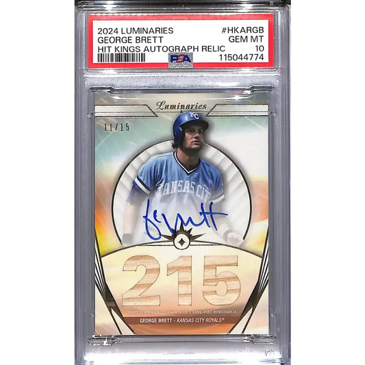 2024 Topps Luminaries Hit Kings #HKAR-GB George Brett PSA 10 GEM MINT MEM Auto 11/15 Kansas City Royals - Baseball Card