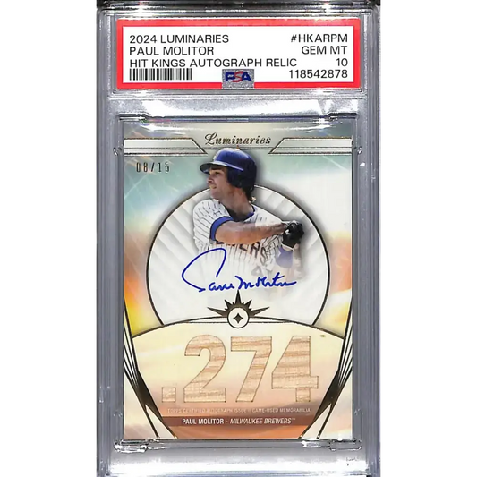 2024 Topps Luminaries Hit Kings #HKAR-PM Paul Molitor PSA 10 GEM MINT MEM Auto 08/15 Milwaukee Brewers - Baseball Card