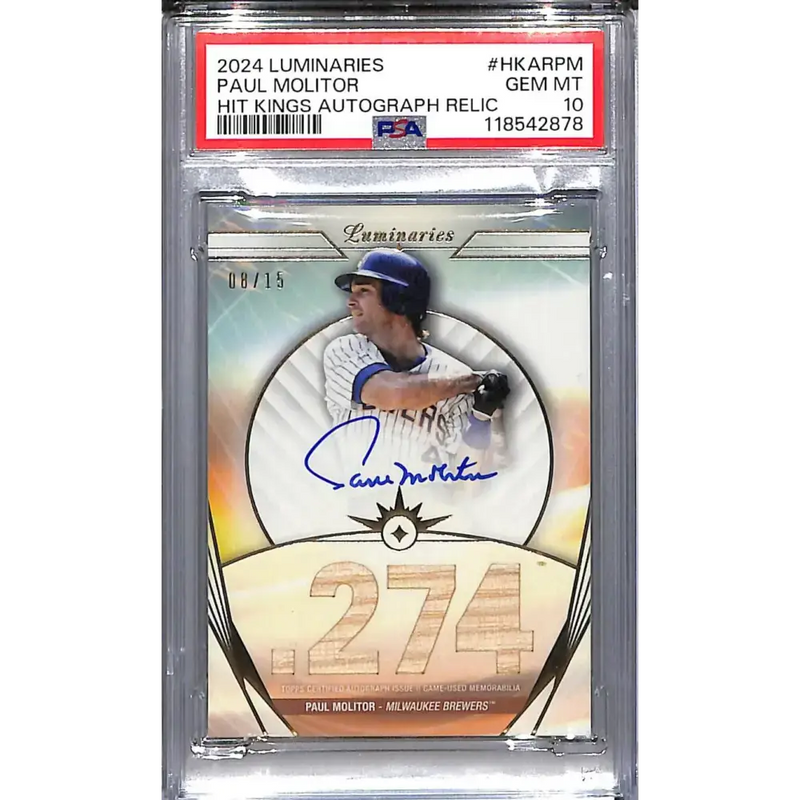 2024 Topps Luminaries Hit Kings #HKAR-PM Paul Molitor PSA 10 GEM MINT MEM Auto 08/15 Milwaukee Brewers - Baseball Card
