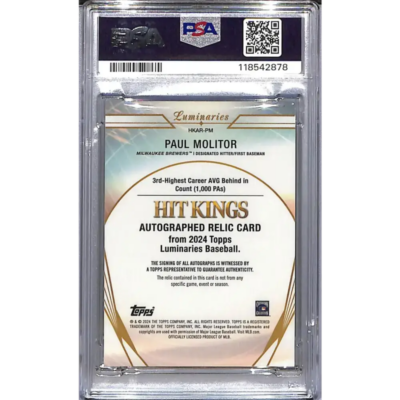 2024 Topps Luminaries Hit Kings #HKAR-PM Paul Molitor PSA 10 GEM MINT MEM Auto 08/15 Milwaukee Brewers - Baseball Card