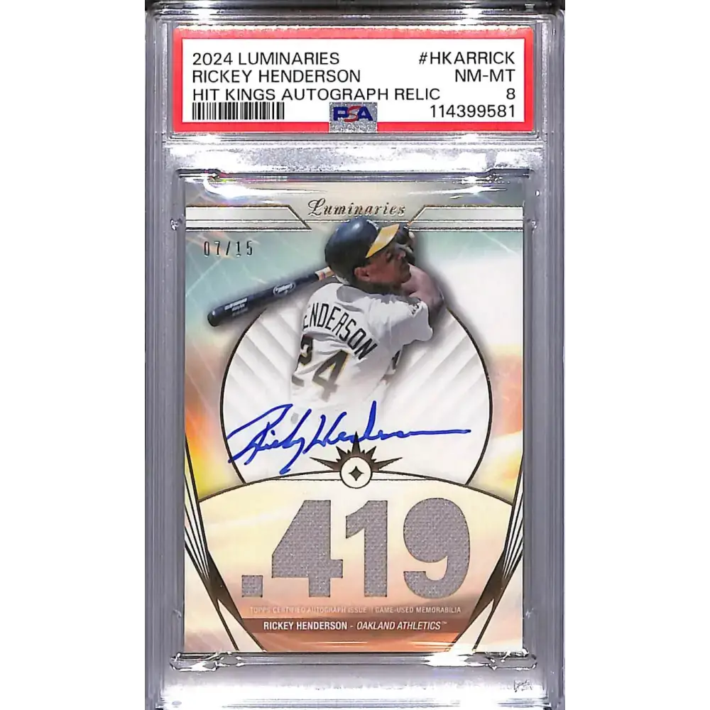 2024 Topps Luminaries Hit Kings #HKAR-RICK Ricky Henderson PSA 8 NM-MT MEM Auto 07/15 Oakland Athletics - Baseball Card