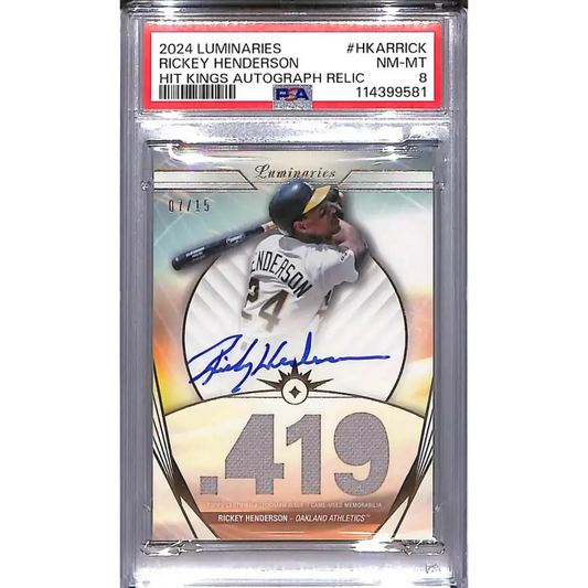 2024 Topps Luminaries Hit Kings #HKAR-RICK Ricky Henderson PSA 8 NM-MT MEM Auto 07/15 Oakland Athletics - Baseball Card
