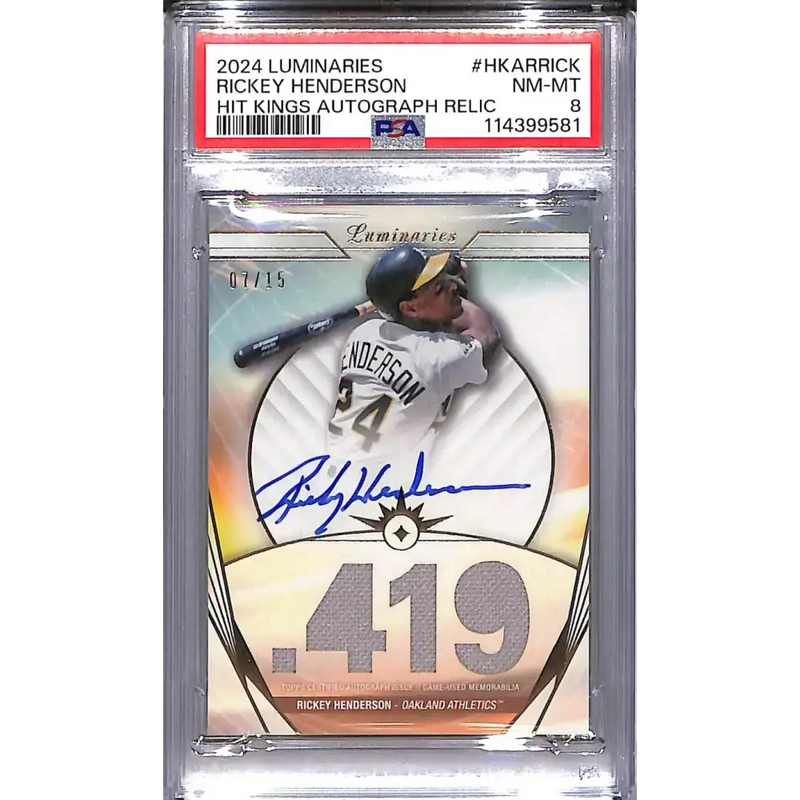 2024 Topps Luminaries Hit Kings #HKAR-RICK Ricky Henderson PSA 8 NM-MT MEM Auto 07/15 Oakland Athletics - Baseball Card