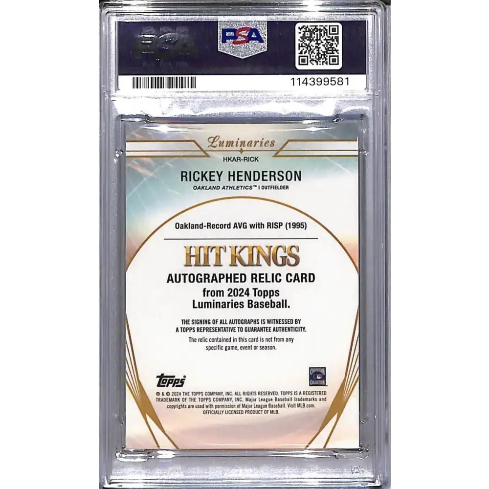 2024 Topps Luminaries Hit Kings #HKAR-RICK Ricky Henderson PSA 8 NM-MT MEM Auto 07/15 Oakland Athletics - Baseball Card