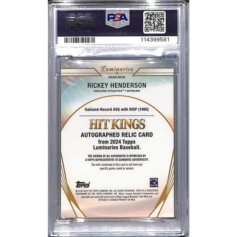 2024 Topps Luminaries Hit Kings #HKAR-RICK Ricky Henderson PSA 8 NM-MT MEM Auto 07/15 Oakland Athletics - Baseball Card
