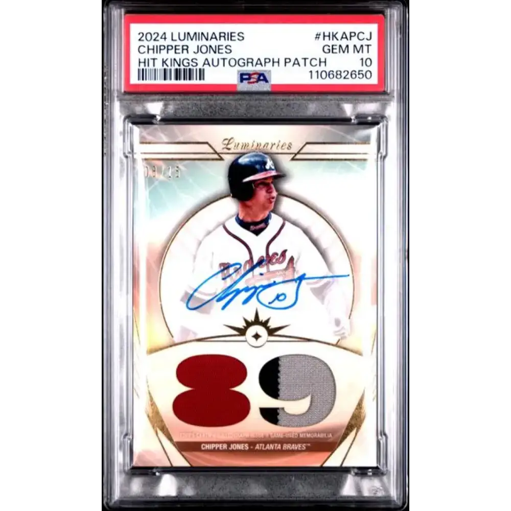 2024 Topps Luminaries Hit Kings Patches #HKAP-CJ Chipper Jones PSA 10 GEM MINT MEM Auto 8/15 Atlanta Braves Baseball