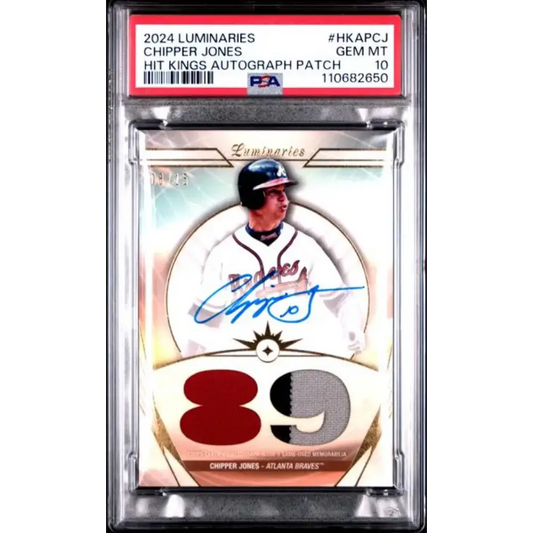2024 Topps Luminaries Hit Kings Patches #HKAP-CJ Chipper Jones PSA 10 GEM MINT MEM Auto 8/15 Atlanta Braves Baseball