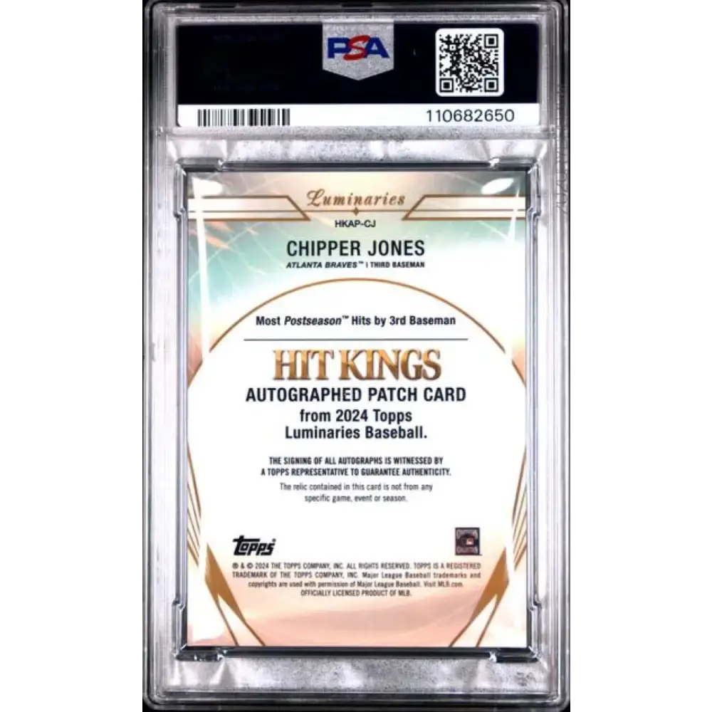 2024 Topps Luminaries Hit Kings Patches #HKAP-CJ Chipper Jones PSA 10 GEM MINT MEM Auto 8/15 Atlanta Braves Baseball