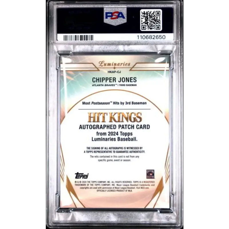 2024 Topps Luminaries Hit Kings Patches #HKAP-CJ Chipper Jones PSA 10 GEM MINT MEM Auto 8/15 Atlanta Braves Baseball