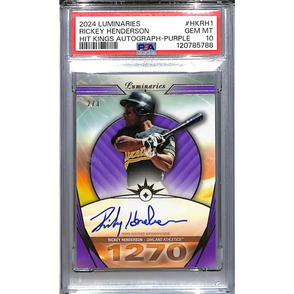 2024 Topps Luminaries Hit Kings Purple #HK-RH1 Rickey Henderson PSA 10 GEM MINT Auto 2/3 Oakland Athletics - Baseball