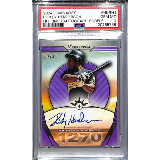 2024 Topps Luminaries Hit Kings Purple #HK-RH1 Rickey Henderson PSA 10 GEM MINT Auto 2/3 Oakland Athletics - Baseball
