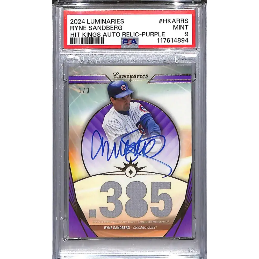 2024 Topps Luminaries Hit Kings Purple #HKAR-RS Ryne Sandberg PSA 9 MINT MEM Auto 1/3 Chicago Cubs - Baseball Card