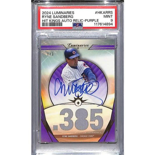 2024 Topps Luminaries Hit Kings Purple #HKAR-RS Ryne Sandberg PSA 9 MINT MEM Auto 1/3 Chicago Cubs - Baseball Card