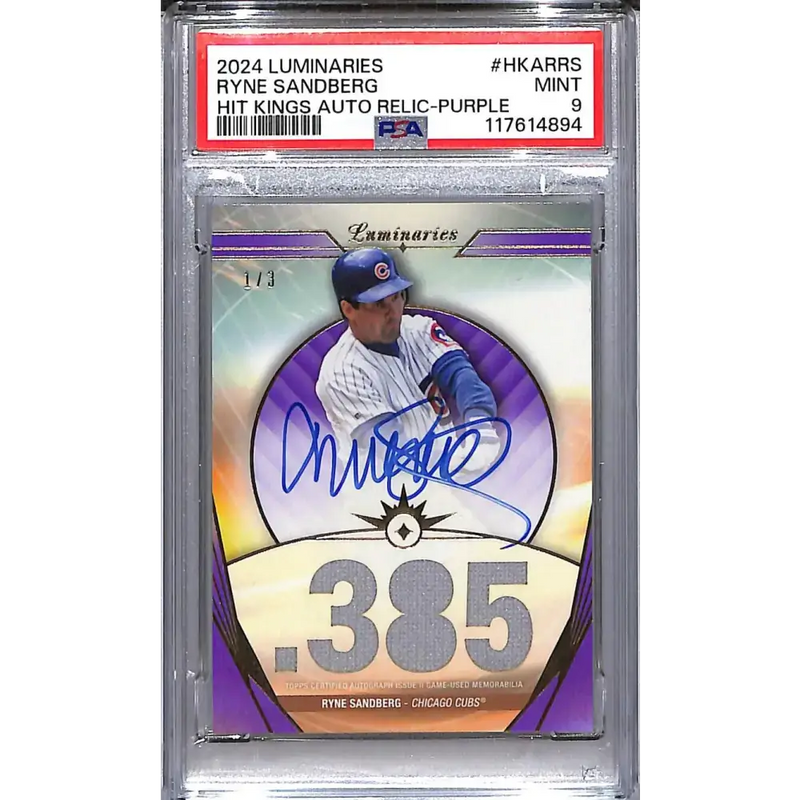 2024 Topps Luminaries Hit Kings Purple #HKAR-RS Ryne Sandberg PSA 9 MINT MEM Auto 1/3 Chicago Cubs - Baseball Card