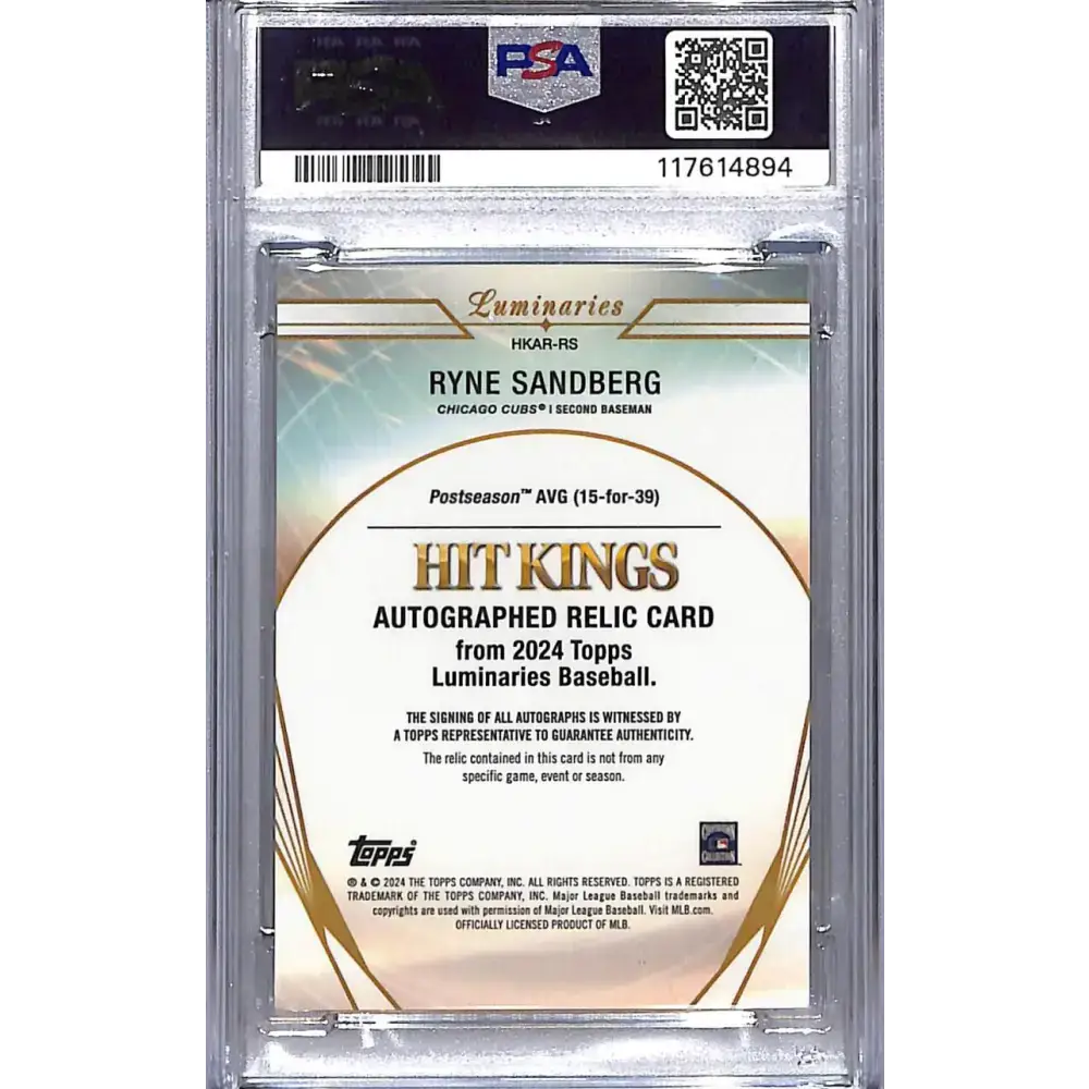 2024 Topps Luminaries Hit Kings Purple #HKAR-RS Ryne Sandberg PSA 9 MINT MEM Auto 1/3 Chicago Cubs - Baseball Card