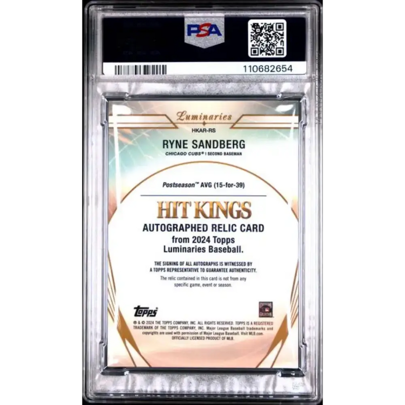2024 Topps Luminaries #HKARRS Ryne Sandberg PSA 10 GEM MINT MEM Auto 5/15 Chicago Cubs Baseball Card - Baseball Card