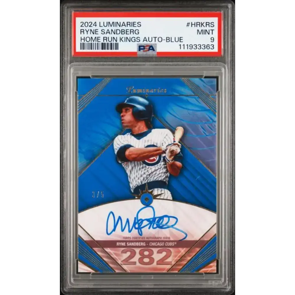 2024 Topps Luminaries Home Run Kings Blue #HRK-RS Ryne Sandberg PSA 9 MINT Auto 3/5 Chicago Cubs Baseball Card